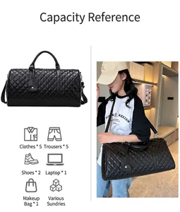Capacity reference of the black quilted travel bag showing various travel items.