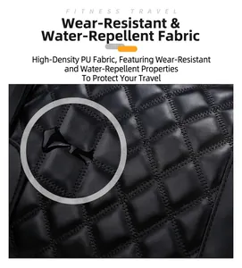 Detail view of water-resistant black quilted PU leather travel bag material