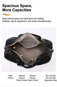 Interior detail of black quilted duffel bag showing dry and wet separation pockets.