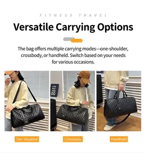 Detail of black quilted travel bag showing three carrying modes: shoulder, crossbody and hand.