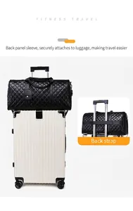 Black quilted travel duffel bag with a back sleeve for luggage trolley attachment