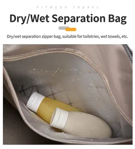 Close-up of the waterproof dry and wet separation compartment in the quilted travel bag