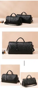 Detailed shots showing the diamond quilted texture and sturdy handles of this black travel duffel bag.