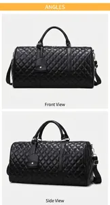 Black diamond quilted travel duffel bag shown in front and three-quarter view perspectives