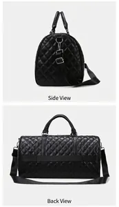 Black quilted travel duffle bag shown from back and side angles with luggage strap.