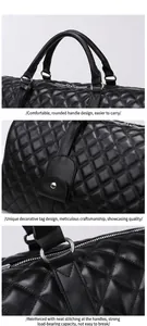 Close-up details of black quilted travel bag with reinforced handles and hardware.