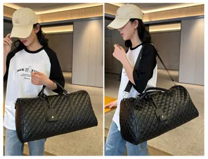 Black quilted travel bag with handles and strap shown in two carrying styles