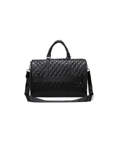 Large black quilted travel duffel bag with rear trolley sleeve for easy luggage attachment