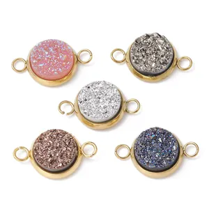 Set of colorful round resin druzy stone connectors with double gold loops