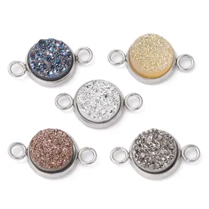 Round resin druzy stone connector pendants in five metallic colors for DIY jewelry