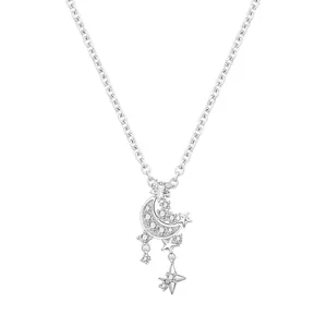 Detailed macro shot of this silver moon and star necklace with sparkling crystals