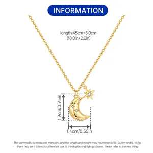 Detail view of gold star and moon necklace with 45cm chain and size measurements