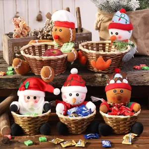 Set of festive handmade Christmas candy baskets featuring plush Santa Snowman characters