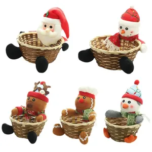 Five assorted Christmas fruit and candy baskets featuring plush holiday characters.