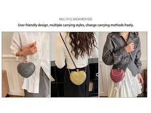 Detailed view of luxury heart-shaped rhinestone evening clutch bags in multiple colors.