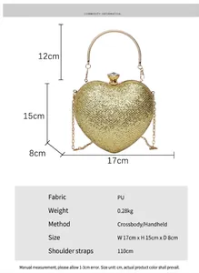 Gold glitter heart-shaped evening clutch bag dimensions and specifications detail view.