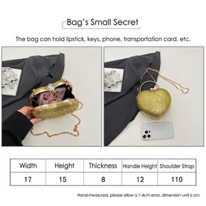 Detailed size guide for the golden heart-shaped glitter evening bag with chain strap