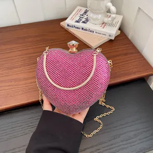 Women Heart Shaped Evening Bag PVC Rhinestone Glitter Party Clutch Purse With Gold Chain Shoulder Strap Elegant Handbag