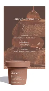 Close-up of brown aromatherapy cup featuring Sunset Caramel scent notes list.