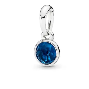 Elegant blue round birthstone charm pendant in silver plated metal for DIY jewelry