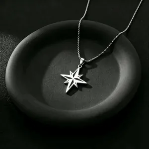 Elegant silver titanium steel necklace featuring a minimalist eight-pointed North Star pendant