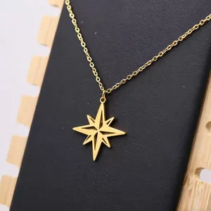 Detailed close-up of a minimalist gold titanium steel octagonal star pendant necklace.
