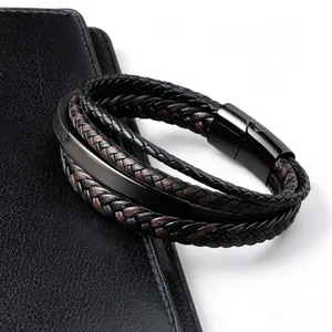 Bracelet en cuir tressé multicouche avec fermoir magnétique noir style punk rétro
