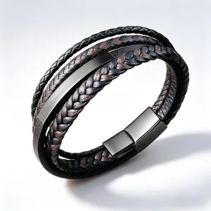 Bracelet de haute qualité en cuir tressé multicouche noir et marron avec fermoir magnétique