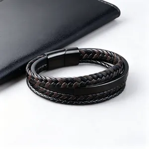 Bracelet rétro multicouche en cuir véritable pour homme avec fermoir magnétique noir