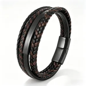Bracelet multi-rangs en cuir tressé avec fermoir magnétique noir style punk vintage
