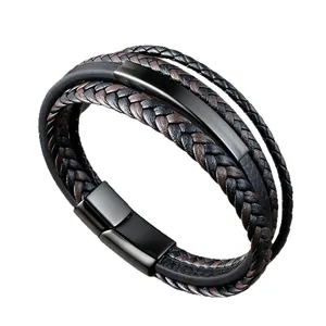Bracelet multicouche en cuir tressé avec fermoir magnétique noir style punk homme