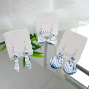 New Chinese style blue and white porcelain earrings with 925 silver posts for women