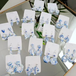 New Chinese style blue and white ceramic earrings with 925 silver posts and marble texture