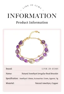 Detail view of natural amethyst double-layered bracelet with gold-plated copper accents.