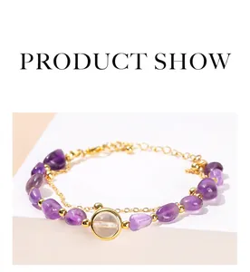 Detailed view of a natural purple amethyst double-layered bracelet with elegant gold finish beads.