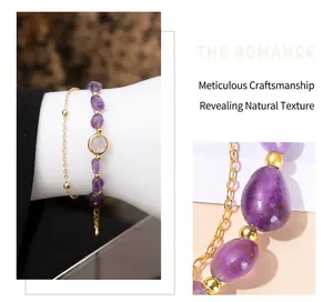 Close-up detail of natural irregular purple amethyst beads and gold chain bracelet