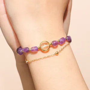 Elegant natural purple amethyst tumbled stone double layer bracelet for women in gold