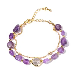 Elegant natural amethyst tumbled stone double-strand bracelet with gold bead accents