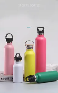 Group of colorful stainless steel insulated sports bottles in various sizes and styles