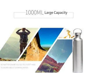Detail view of 1000ml stainless steel insulated water bottle for outdoor hiking
