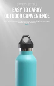 Close-up view of a cyan stainless steel sports water bottle with black handle cap detail.