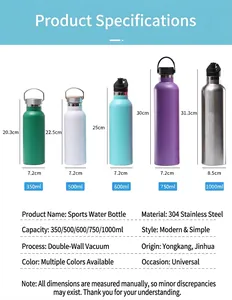 Detailed size and capacity chart for stainless steel vacuum insulated sports water bottles