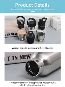 Detailed view of various lids and polished rim for stainless steel water bottle