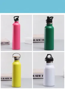 Detailed display of vacuum insulated stainless steel water bottles in various colors.