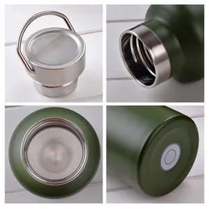 Close-up details of green stainless steel vacuum water bottle with metal handle