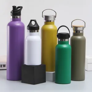 Colorful stainless steel vacuum insulated water bottles with various lids for outdoor sports