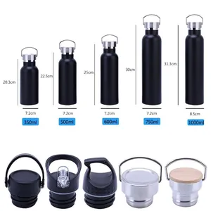 Black stainless steel vacuum insulated water bottles in various sizes with lid options