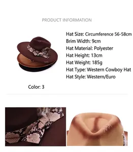 Detail view and sizing specifications for the feather-trimmed western cowboy hat
