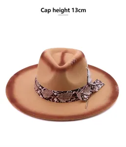 Detail of camel felt western cowboy hat with snakeskin band and feather decor