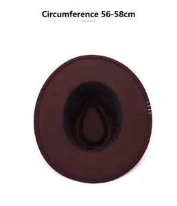 Top down view showing the 56-58cm circumference of a dark brown western fedora hat